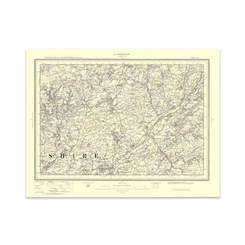 Authentic reproduction of Ordnance Survey map of Llandovery 1896-1904 with a yellow tint background