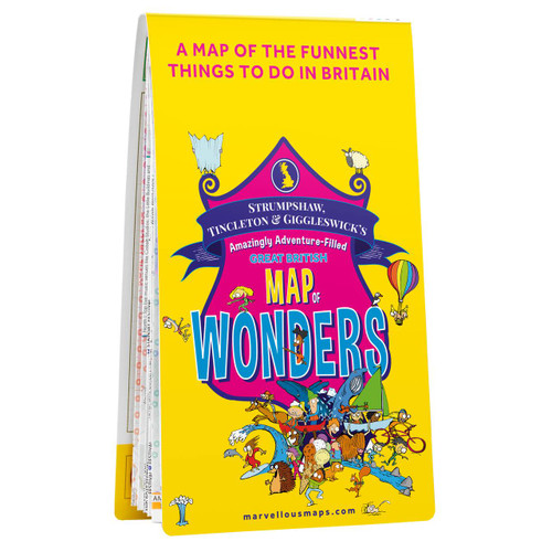 Yellow, blue and pink front cover of Marvellous Maps Great British Map of Wonders