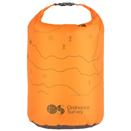 Front view of the OS Dry Bag 25 litre by Ordnance Survey Outdoor Kit bright orange with contour detailing and the OS logo