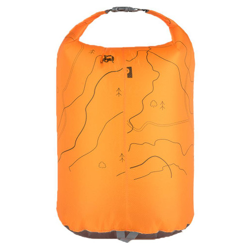 Back view of the OS Dry Bag 25 litre by Ordnance Survey Outdoor Kit bright orange with contour detailing full and fastened