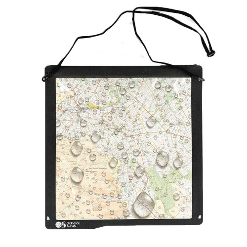 The OS Waterproof Map Case with lanyard attached and covered in water droplets
