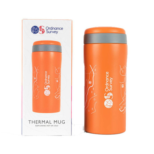 OS Thermal Mug Orange by Ordnance Survey Outdoor Kit full view and retail box beside it