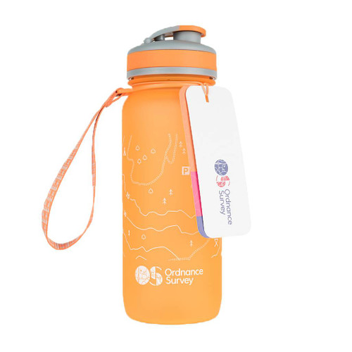 Full front view of the orange OS Water Bottle (650ml) by Ordnance Survey Outdoor Kit with retail tags