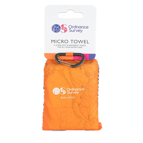 OS Ben Nevis Micro Towel by Ordnance Survey Outdoor Kit folded into its orange carry case and displayed on the retail card