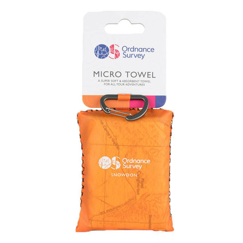 OS Snowdon Micro Towel by Ordnance Survey Outdoor Kit folded into its orange carry case and displayed on the retail card