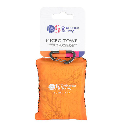 OS Scafell Pike Micro Towel by Ordnance Survey Outdoor Kit folded into its orange carry case and displayed on the retail card