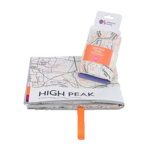 OS High Peak Large Towel by Ordnance Survey Outdoor Kit folded and displayed on the retail card sat on another folded towel
