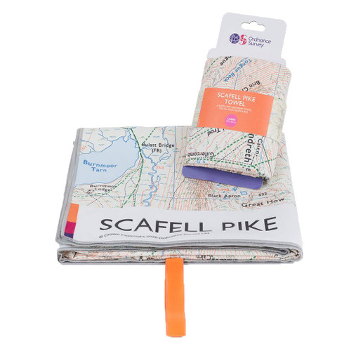 OS Scafell Pike Large Towel by Ordnance Survey Outdoor Kit folded and displayed on the retail card sat on another folded towel