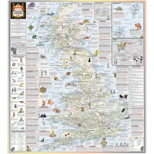Full view of one side of the map of Great Britain on the Marvellous Maps Craftily Conjured Folklore & Superstition Map
