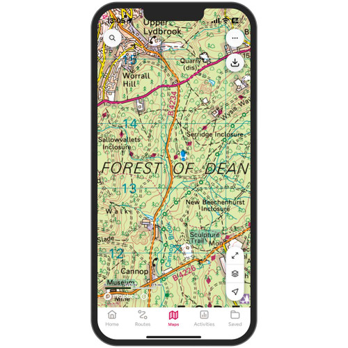 A smartphone with the OS Maps app showing the Forest of Dean topographic map
