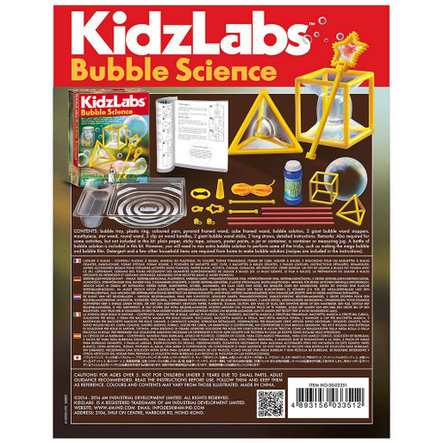 Back view of the Bubble Science by KidzLabs retail box with images of the contents with a list in English and various languages
