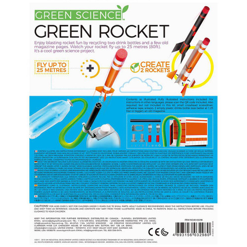 Green Science Green Rocket kit box back with a mid blue band on white with an image of the completed rocket, contents and a list of contents