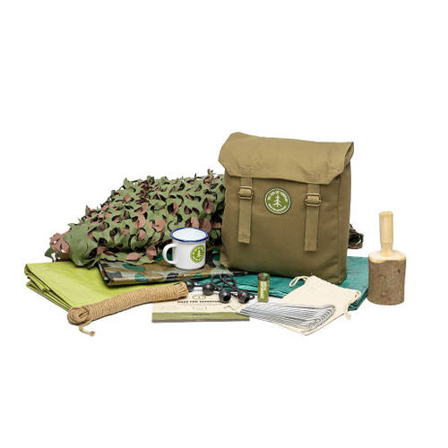 Forest School Den Kit full kit displayed including tarp, groundsheet, mallet, mug, tent pegs, face-paint, rope and more
