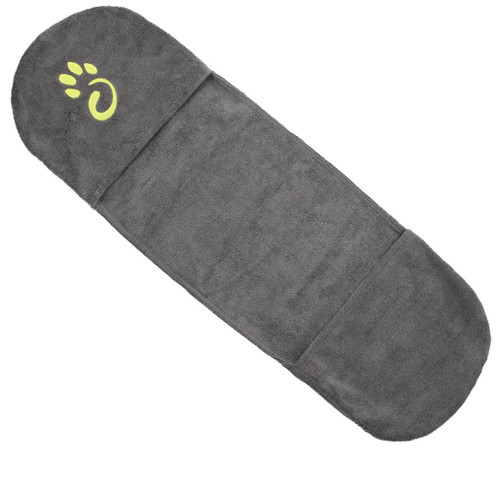 Mountain Paws Muddy Dog Towel in grey with the yellow paw logo on the right hand pocket laid out in full diagonally