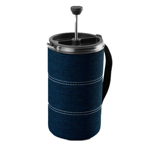 GSI Outdoor Javapress Coffee Press full view with raised plunger and blue cosy hold