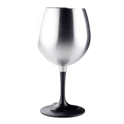 Glacier Stainless Nesting Wine Glass for Camping from GSI Outdoor full view of the steel body with a dark grey base ready to use