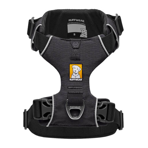 Ruffwear Front Range Dog Harness Twilight Grey showing the aluminium V-ring for everyday walks on top of the harness