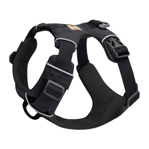 Ruffwear Front Range Dog Harness in Twilight Grey as worn by an invisible dog showing the harness fixtures and padded straps side view