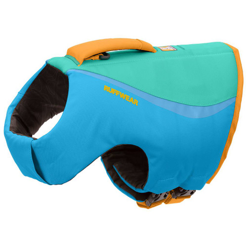 Brightly coloured Ruffwear Float Coat Dog Life Jacket in blue with green and yellow details as if it were worn by an invisible dog