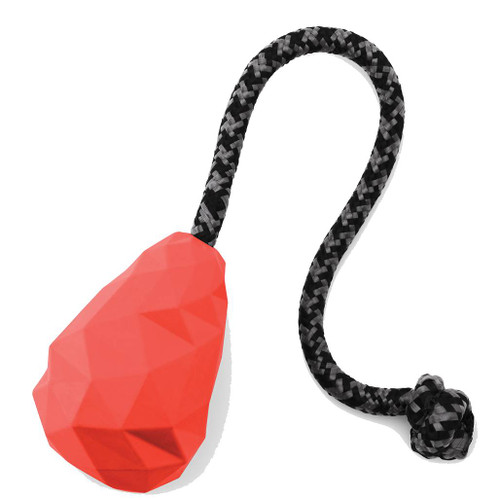 Ruffwear Huck-a-Cone in Sockeye red a  natural sustainable rubber toy with a slobber free knotted rope handle