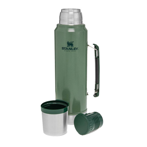 Stanley Classic Vacuum Bottle 1.0L - Hammertone Green full view  with the cup and lid removed and in front of the bottle