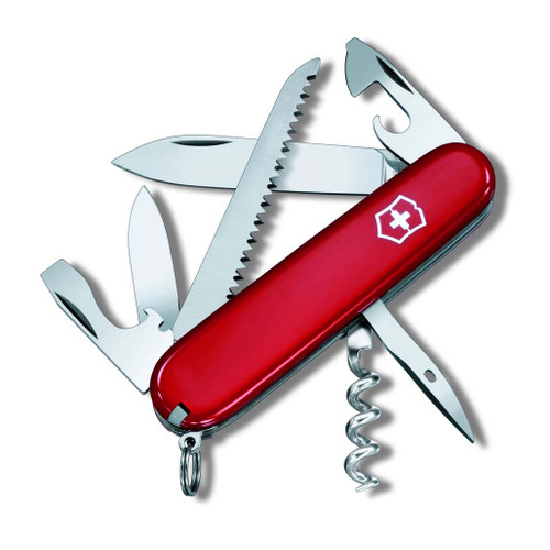 Camper Multi Purpose Pocket Knife by Victorinox with tools displayed in an open position and red body