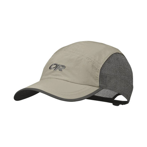 Full view of the Swift Cap by Outdoor Research in khaki with dark grey nylon side panels the brim and grey embroidered logo facing to the left to show the front and side of the hat