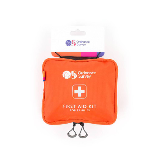 Ordnance Survey Outdoor Kit OS First Aid Kit for Families in its orange carry case on its retail card facing front