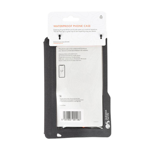 Back view of OS Waterproof Phone Case by Ordnance Survey Outdoor Kit displayed on its retail card