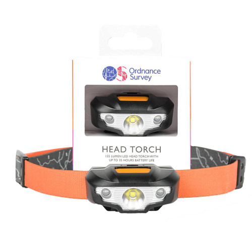 Ordnance Survey Outdoor Kit OS Headtorch full front view of the lamp and strap and another in its white retail box