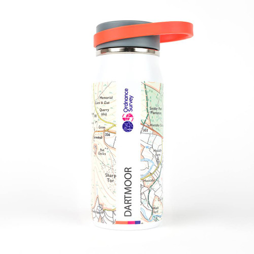 OS Dartmoor Thermal Bottle by Ordnance Survey Outdoor Kit side view with orange handle grey cap with the map name and OS logo