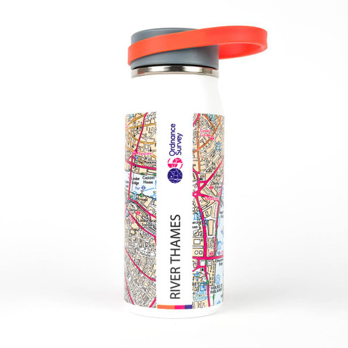 OS  River Thames Thermal Bottle by Ordnance Survey Outdoor Kit side view with orange handle grey cap with the map name and OS logo