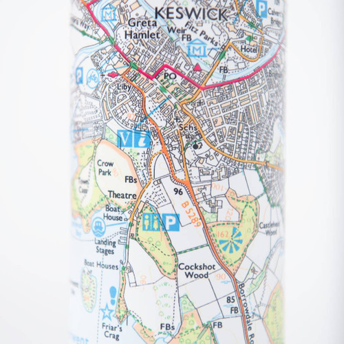 Close up view of the map details on the side of the OS Lake District Thermal Bottle by Ordnance Survey Outdoor Kit