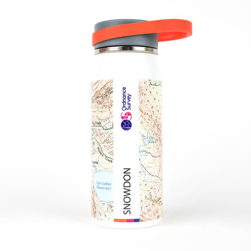 OS Snowdon Thermal Bottle by Ordnance Survey Outdoor Kit side view with orange handle grey cap with the map name and OS logo