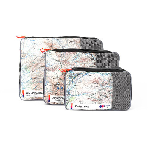 Ordnance Survey Outdoor Kit OS Packing Cubes set of three packing cubes showing maps for Ben Nevis, Snowdon and Scafell Pike in different sizes front view sat in front of each other