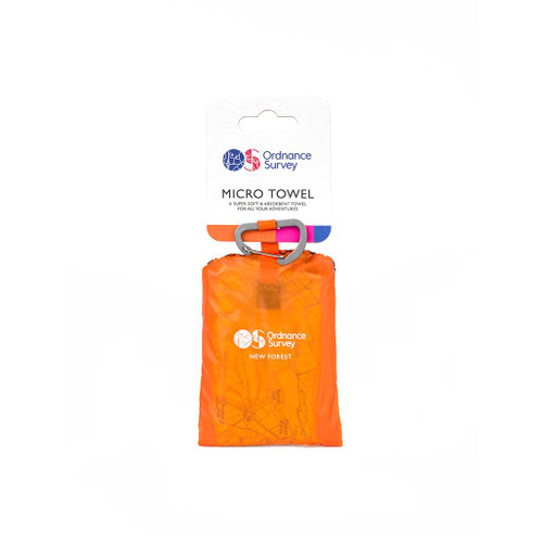 OS New Forest Micro Towel by Ordnance Survey Outdoor Kit folded into its orange carry case and displayed on the retail card