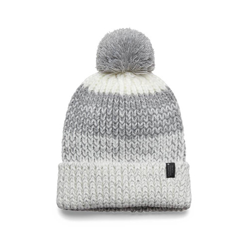 Bengal Chunky Yarn Beanie by Black Diamond in Pewter-white, white and light grey knit and pompom and dark grey label