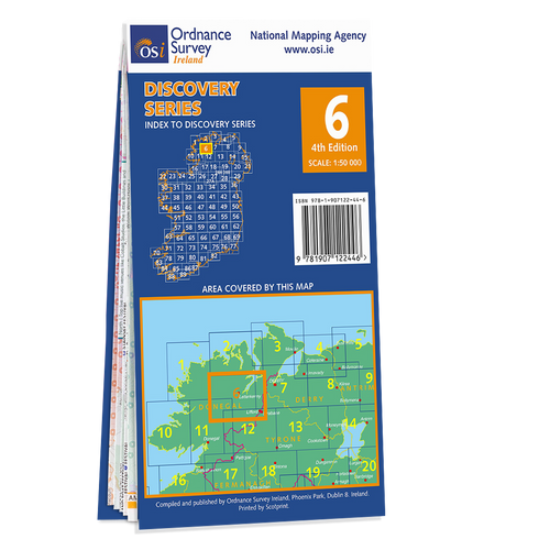 Blue and orange back cover of OS Ireland Discovery Series Map of Counties Donegal and Tyrone: OSI Discovery 06 showing the area covered by the map and the wider area