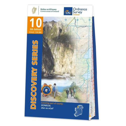 Blue and orange front cover of OS Ireland Discovery Series Map of County Donegal: OSI Discovery 10
