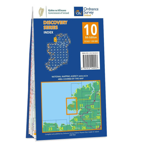 Blue and orange back cover of OS Ireland Discovery Series Map of County Donegal: OSI Discovery 10 showing the area covered by the map and the wider area