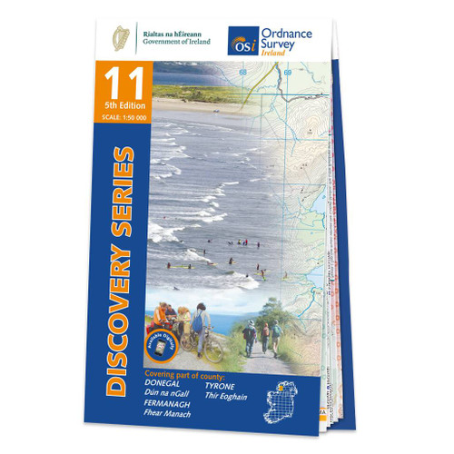 Blue and orange front cover of OS Ireland Discovery Series Map of County Donegal, County Tyrone and County Fermanagh: OSI Discovery 11