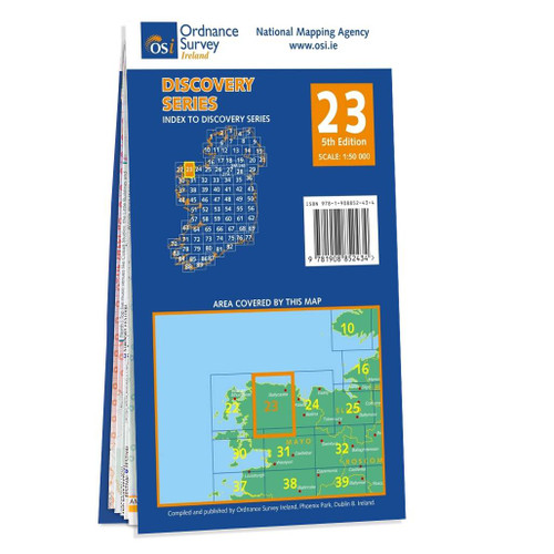 Blue and orange back cover of OS Ireland Discovery Series Map of County Mayo: OSI Discovery 23 showing the area covered by the map and the wider area