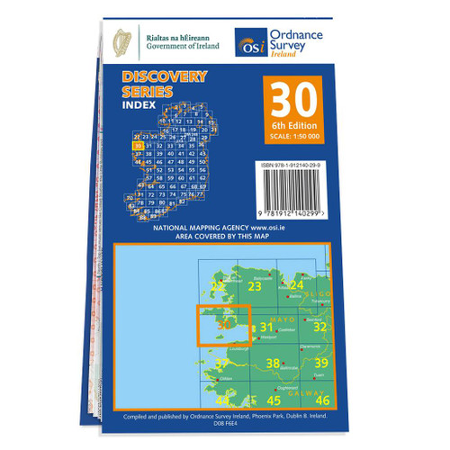 Blue and orange back cover of OS Ireland Discovery Series Map of County Mayo: OSI Discovery 30 showing the area covered by the map and the wider area