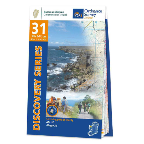 Blue and orange back cover of OS Ireland Discovery Series Map of County Mayo: OSI Discovery 31 showing the area covered by the map and the wider area