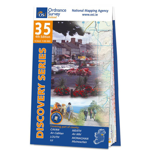 Blue and orange front cover of OS Ireland Discovery Series Map of County Cavan Louth, Meath and Monaghan OSI Discovery 35