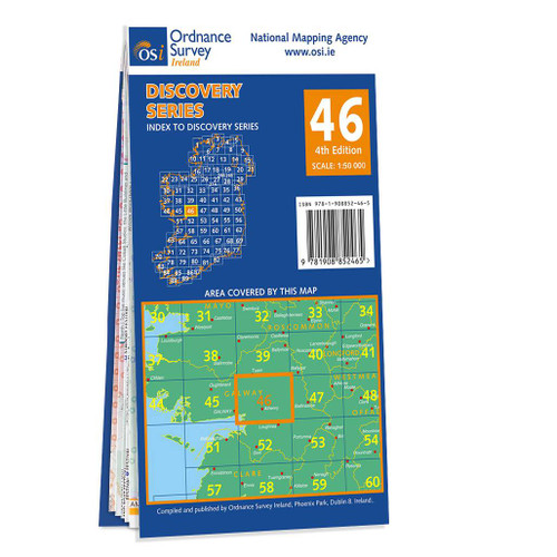 Blue and orange back cover of OS Ireland Discovery Series Map of County Galway: OSI Discovery 46 showing the area covered by the map and the wider area