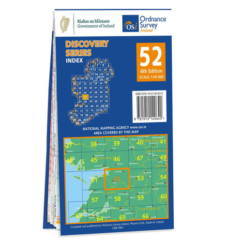 Blue and orange back cover of OS Ireland Discovery Series Map of County Clare and Galway (Discovery 52) showing the area covered by the map and the wider area