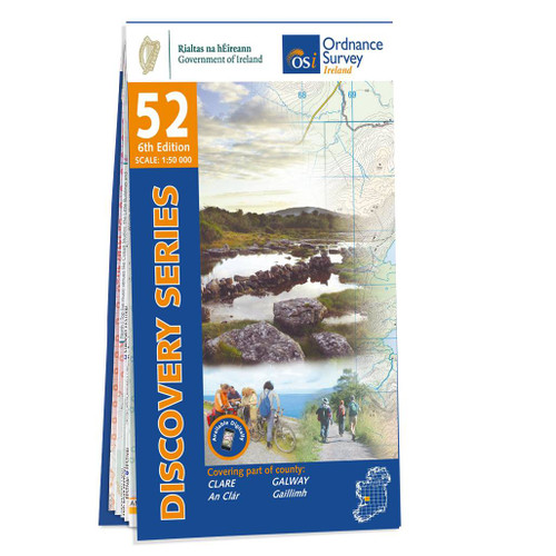 Blue and orange front cover of OS Ireland Discovery Series Map of County Clare and Galway: OSI Discovery 52