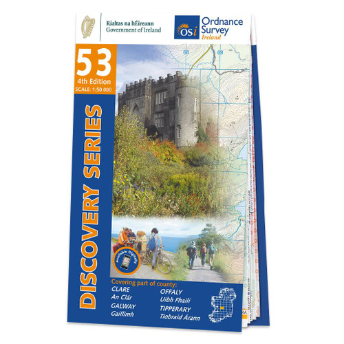 Blue and orange front cover of OS Ireland Discovery Series Map of County Clare, Galway, Offaly and Tipperary: OSI Discovery 53