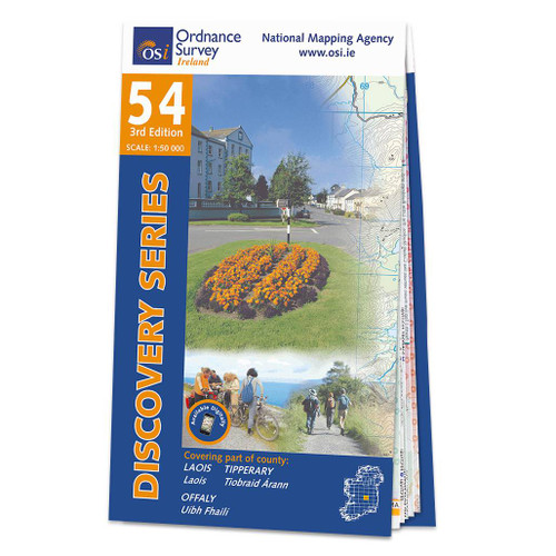 Blue and orange front cover of OS Ireland Discovery Series Map of County Laois, Offaly and Tipperary: OSI Discovery 54